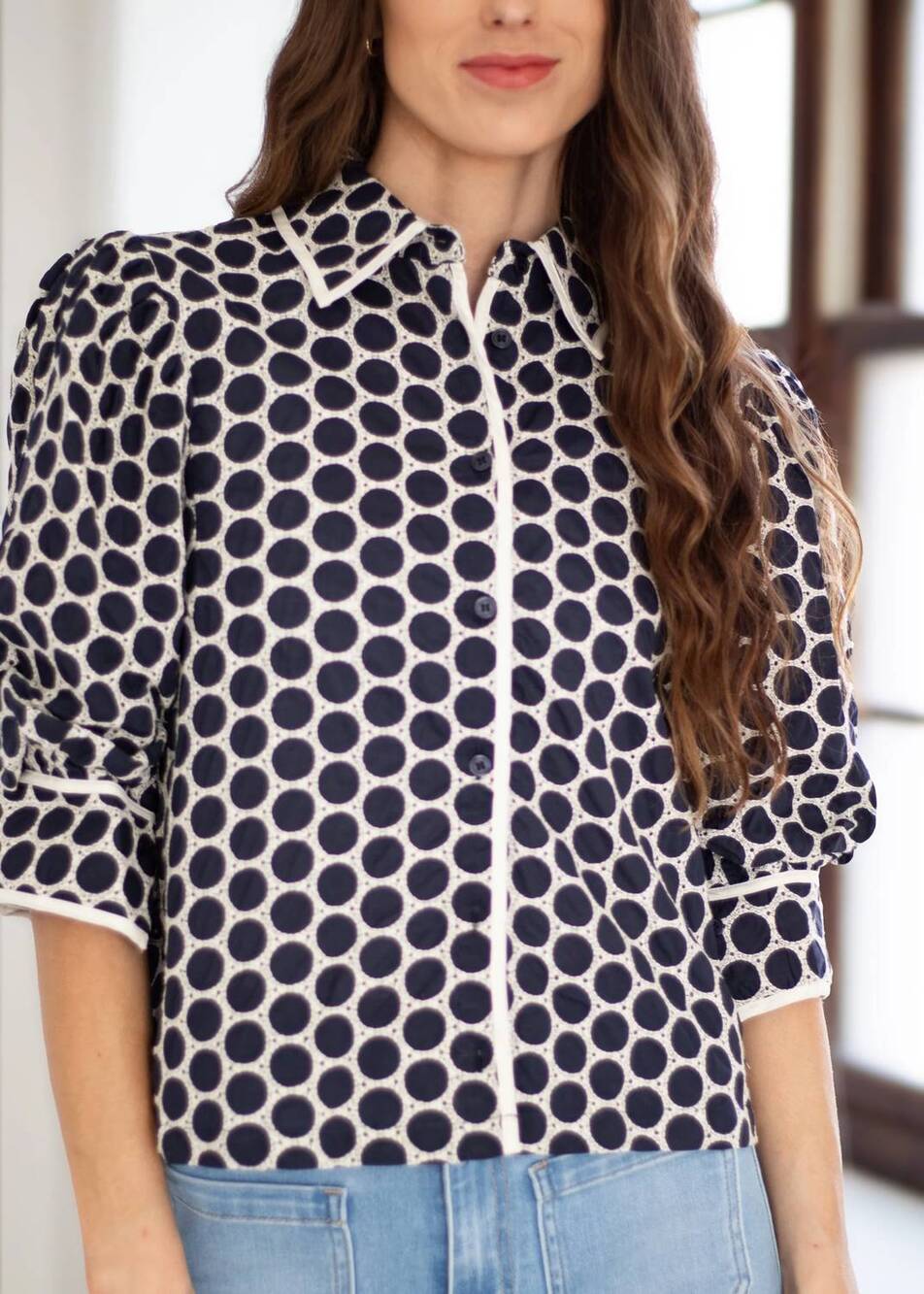 NEW SINCERELY OURS polka dot pattern 3/4 sleeve top in navy blue and cream
